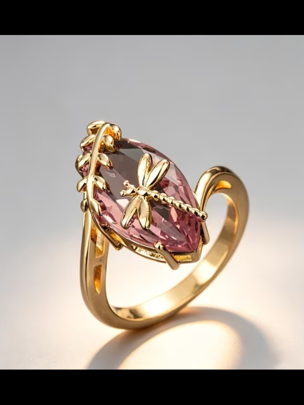 Gold Dragonfly Ring with Pink Marquise Crystal CHUNKY & Bold - Picture 3 of 9